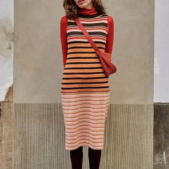 Marni x Uniqlo Orange Multi Stripe Knit Midi Wool Blend Dress Size S - Picture 1 of 9